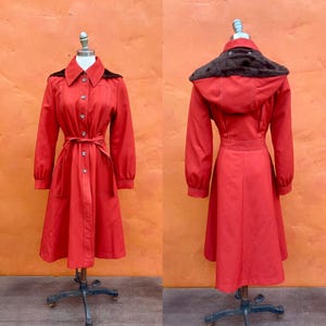 Vintage Women&#39;s 1970s Orange Princess Coat with Hood. 70s women&#39;s winter coat. Insulated Belted Small Size 4 6