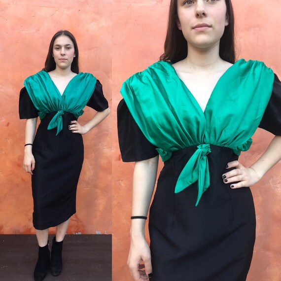 Vintage 1980 Prom Dress. Black Sequined Green Tull