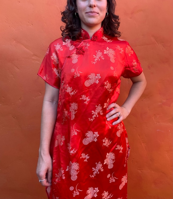 Vintage 1960s Red Asian Cheongsam wiggle Maxi Dre… - image 3