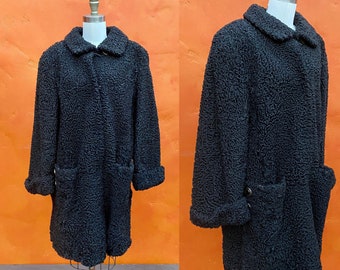 Vintage 1950s 1960s Persian Astrakin Black Curly Lambswool Swing Coat Jacket. Maximmilian Alta Moda Bloomingdales plus size XL XXL 1X