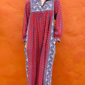 Vintage 1970s Ramona Rull Dress Cotton Hand Blocked Print Caftan Maxi Boho bohemian dress xs small Size 0 2 4 6 image 3