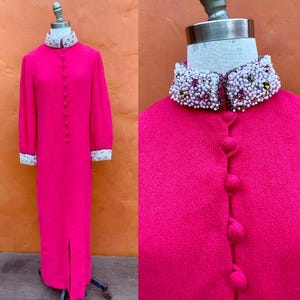 Gorgeous 1960s Hot Pink Beaded Tunic Maxi Dress. Statement Hostess Party Dress Cocktail Dress. Small Size 4 6