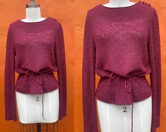 Vintage Burgundy 1980s does 1940s Style Drawstring Knit Sweater Top.  One Size fits most small medium large