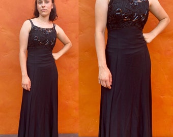 Vintage 1990s Black Beaded CACHE Maxi Dress. Sexy Party cocktail formal gown prom dress evening gown xs small Size 2 4