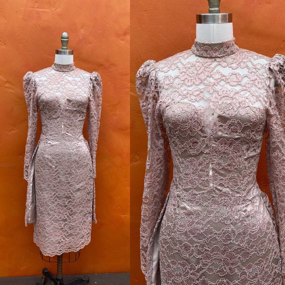 Vintage 1980s Pink Lace Peplum Dress Party Dress … - image 1