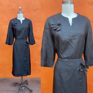 Vintage 1940s Black Cocktail Dress Rhinestone Buttons. Designer Herbert Levy, 1940s party dress 1940s cocktail dress. Med Large Size 10 12