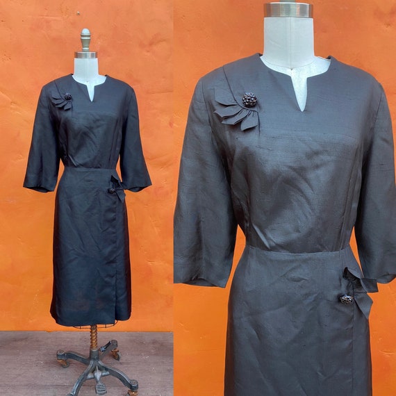 Vintage 1940s Black Cocktail Dress Rhinestone But… - image 1