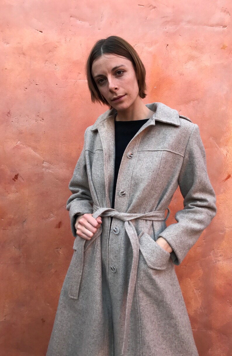 Taupe 70s womens trench winter coat Vintage Women/'s 1970s Long Belted Wool Jacket Coat with Hood Medium Large Size 10 12 14