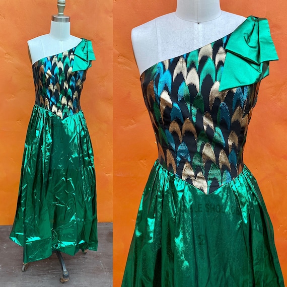 Vintage 1980s Prom Dress. Green metallic. 80s Prom