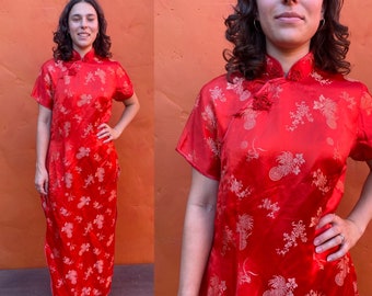 Vintage 1960s Red Asian Cheongsam wiggle Maxi Dress. Volup Plus Size XL XXL Size 14 16