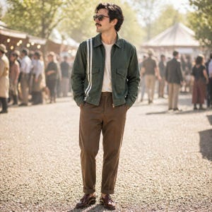 May include: A man wearing a green jacket with white stripes, a white t-shirt, brown pants, and brown shoes. The jacket has two front pockets. The man is wearing sunglasses and is standing on a gravel path.