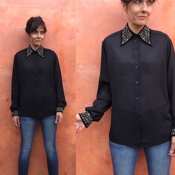 Vintage 1990s Black Sheer Blouse. Beaded velvet co