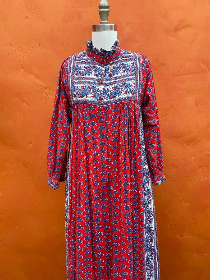 Vintage 1970s Ramona Rull Dress Cotton Hand Blocked Print Caftan Maxi Boho bohemian dress xs small Size 0 2 4 6 image 8