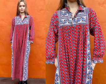 Vintage 1970s Ramona Rull Dress Cotton Hand Blocked Print Caftan Maxi Boho bohemian dress xs small Size 0 2 4 6