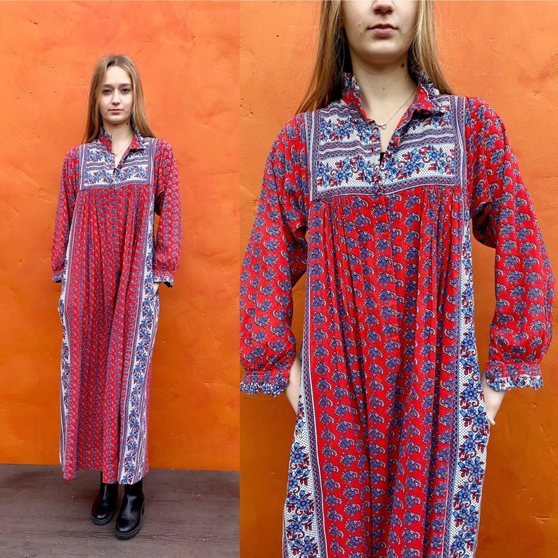 Vintage 1970s Ramona Rull Dress Cotton Hand Blocked Print Caftan Maxi Boho bohemian dress xs small Size 0 2 4 6 image 1