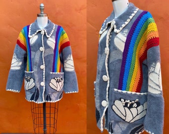Vintage 1970s Style Rainbow Coat Jacket. boho hippie Winter coat penny lane Crocheted OOAK Statement Medium Large Unisex