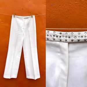 Vintage 1970s White Rhinestone Flared Leg Pants. Wide Leg Pants High Waisted