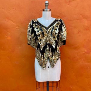 Vintage 1970s 1980s Silk Beaded Party Cocktail Top Blouse. Sequined Butterfly top. Evening Sequins Statement Disco Club small medium image 4