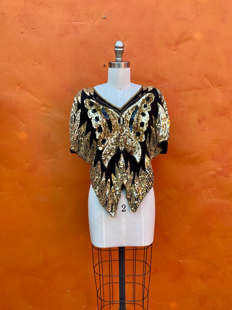 Vintage 1970s 1980s Silk Beaded Party Cocktail Top Blouse. Sequined Butterfly top. Evening Sequins Statement Disco Club small medium image 4