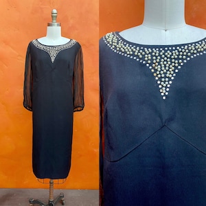 Vintage 1960s Black Beaded Rhinestone Dress. Party Dress Cocktail Dress Hourglass Plus size Volup Lane Bryant XXL 1X 2X Size 18 20