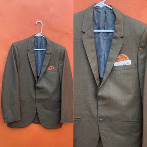 Vintage 1950s 1960s Men's Sport coat 1950s blazer Suit coat  3 button Single Breasted + Pocket Square Olive  40R