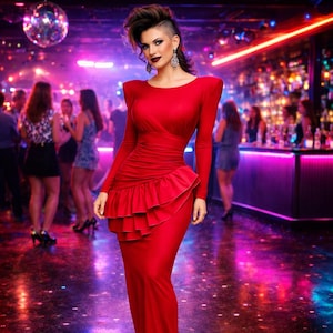 May include: A vibrant red, long-sleeved dress featuring a ruffled skirt and shoulder pads. The dress is set in a nightclub, with a disco ball and people visible in the background. The dress has a fitted bodice and a flowing skirt.
