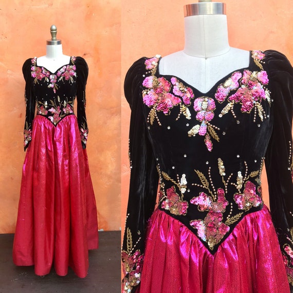 SUPER Vintage 1980s Prom Dress. Black Velvet Pink