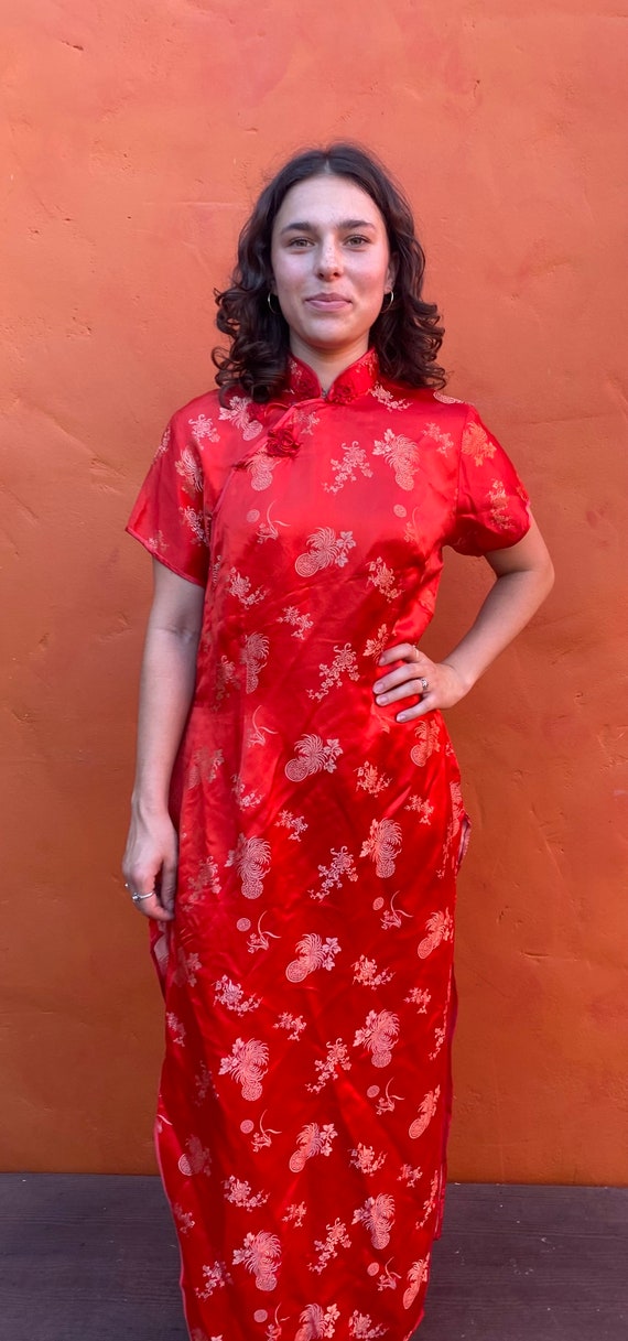Vintage 1960s Red Asian Cheongsam wiggle Maxi Dre… - image 8