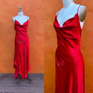 Vintage SEXY Red Satin Bias Cut Dress 1930s 1940s vintage style Pinup Maxi Dress 1990s bias cut dress Small Size 4