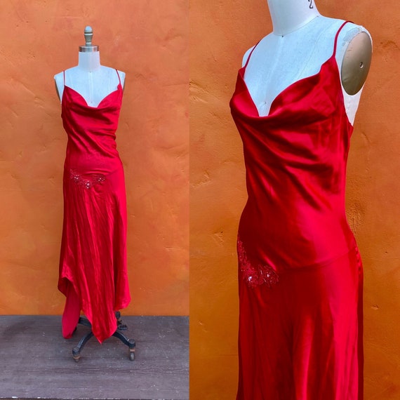 Vintage SEXY Red Satin Bias Cut Dress 1930s 1940s… - image 1