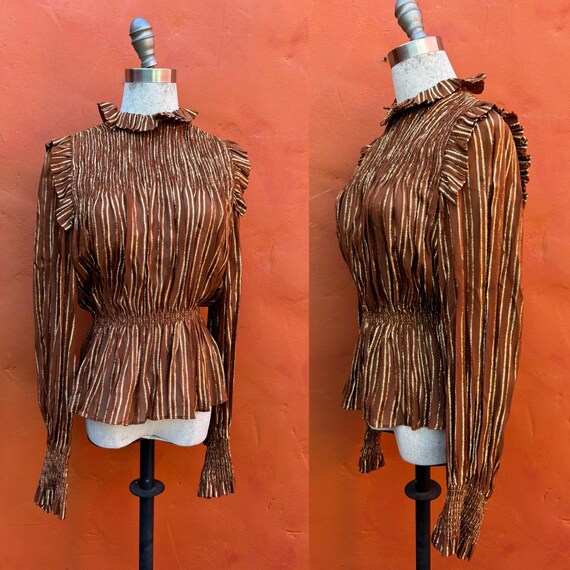 Vintage 1970s 1980s Statement Blouse. Avant Garde Party Cocktail Club Disco. 1970s does 1930s Ruffle neck, Peplum. smocked, metallic thread