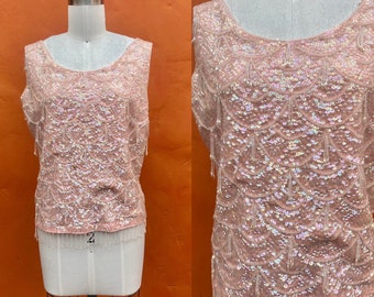 Vintage 1950s 1960s Pink Beaded Sequined Sleeveless Tank Sweater. Party Cocktail Evening. Small Medium Size 6 8 10 12