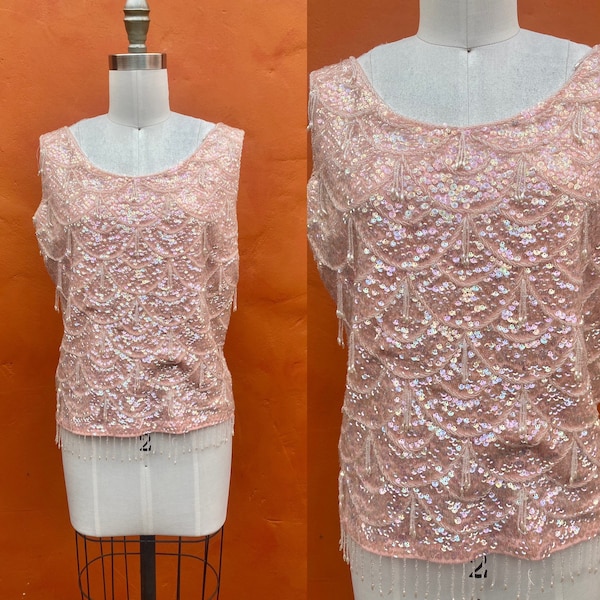 Vintage 1950s 1960s Pink Beaded Sequined Sleeveless Tank Sweater. Party Cocktail Evening. Small Medium Size 6 8 10 12