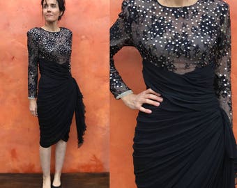 STUNNING Vintage Designer Tadashi 1980s 1990s does 1940s Black Beaded Draped Party Cocktail Dress. Wiggle dress. peplum Small Size 4 6