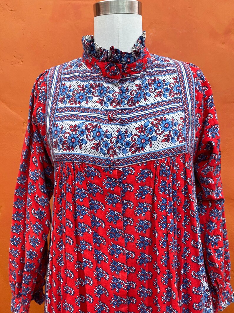 Vintage 1970s Ramona Rull Dress Cotton Hand Blocked Print Caftan Maxi Boho bohemian dress xs small Size 0 2 4 6 image 7