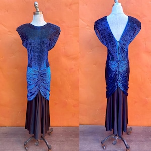 Vintage Women&#39;s 1970s Black Blue Lame Maxi Dress. Prom Formal Party Cocktail Club Evening Small Size 4 6
