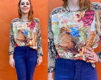 Vintage 1980s 1990s Carole Little Blouse Top Shirt. Cherub Floral Renaissance Print. Whimsigoth Art to Wear xs small medium