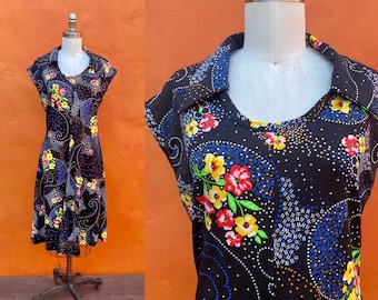 Vintage 1970s 1980s Floral midi DRESS. Secretary 70s secretary dress. A-line Dress Black Multicolor Size 8 10 Medium