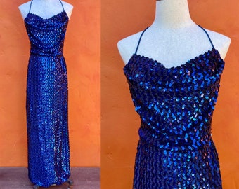 Vintage Women's 1970s Blue Sequin Maxi Dress. Prom Formal Party Cocktail Club Evening small medium Size 4 6 8