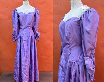 Vestido de fiesta largo vintage de los años 80 con lazo lavanda. Vestido formal para cóctel o noche. Vestido de fiesta de los años 80. Talla mediana/grande: 10/12.