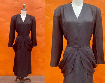 Vintage 1980s does 1940s Black Rayon Peplum Dress. Party Dress Cocktail Dress Pinup Dress 1940s couture Large Size 12 14