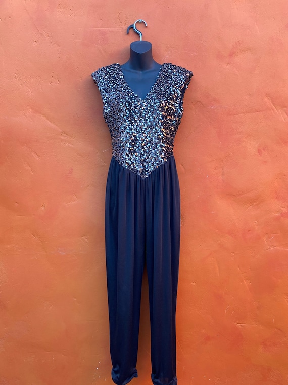 Vintage Women's 1970s 1980s Jumpsuit. Black Silve… - image 3