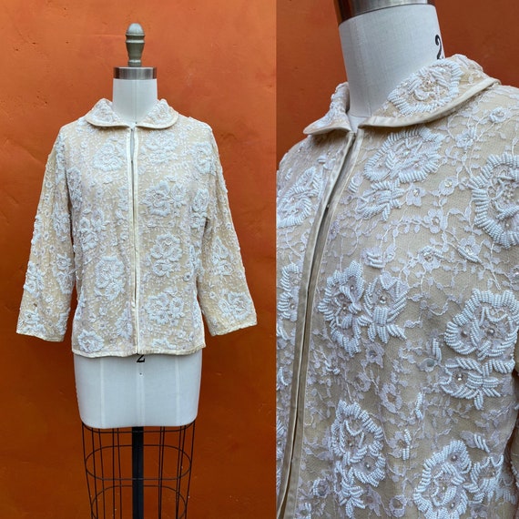 Vintage 1950s 1960s White & Cream Beaded Sequined… - image 1