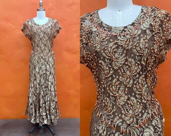 Vintage Beaded Lace Bias Cut Maxi Dress 1920s 1930s vintage style Pinup Maxi Dress 1990s bias cut dress Large Size 12 14