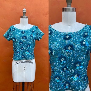 Vintage 1950s Aqua Beaded Sequined Top Blouse. Beaded Sweater Top.  Pinup Party Cocktail Evening.  xs small Size 36
