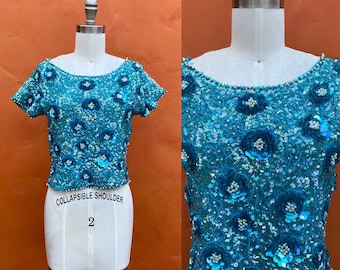 Top con perline e paillettes vintage anni '50 color acquamarina. Top con perline. Abito da sera per feste pin-up. Taglia XS Small, 36.