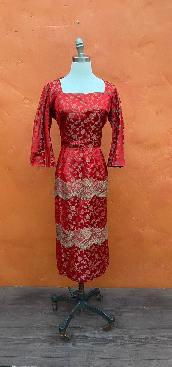 Vintage 1950s Red Floral Silk Wiggle Dress. Midi Dress Brown Lace. Pinup  Dress Pencil Dress Party Cocktail Medium Size 8 10 - Etsy