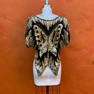 Vintage 1970s 1980s Silk Beaded Party Cocktail Top Blouse. Sequined Butterfly top. Evening Sequins Statement Disco Club small medium image 7