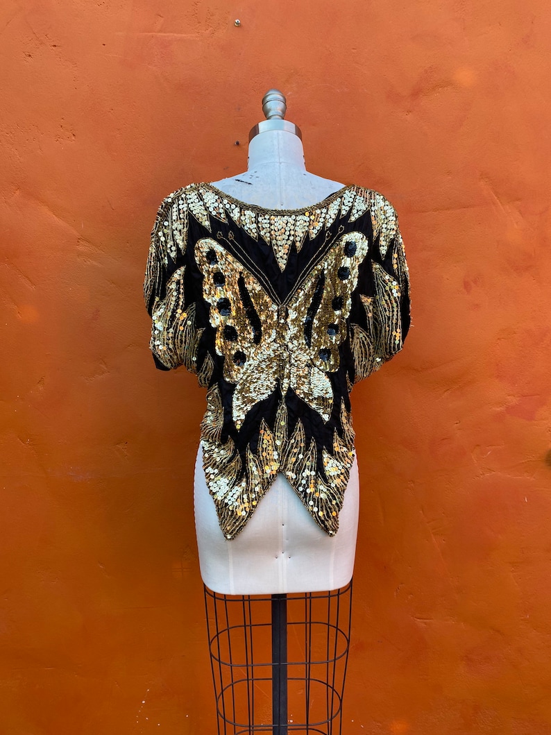 Vintage 1970s 1980s Silk Beaded Party Cocktail Top Blouse. Sequined Butterfly top. Evening Sequins Statement Disco Club small medium image 7