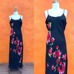 Vintage 1990s does 1930s Flapper Black Red Floral Beaded Dress Gown. 1920s bias cut dress party dress cocktail evening dress Large XL 14 16